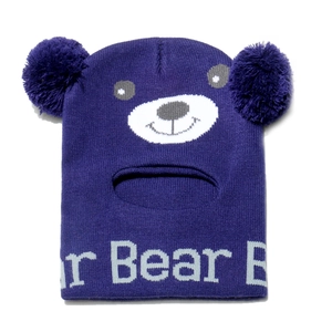 Detail of purple knit balaclava with bear pattern and fluffy pom-poms for kids