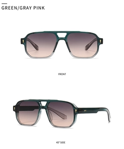 Detail view of aviator sunglasses with green frames and gold rivets in multiple angles
