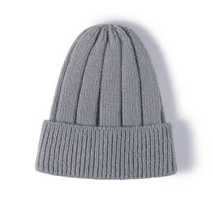 Classic gray ribbed knit beanie for women with a fold-over cuff for winter warmth