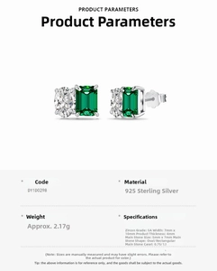 Detailed specs of S925 sterling silver studs with emerald cut and oval cubic zirconia
