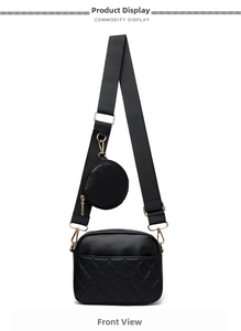 Detail of black quilted crossbody bag with golden hardware and small coin pouch