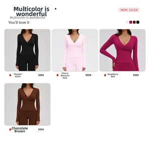 Detail view of four colors of long-sleeve V-neck slim-fit yoga t-shirts for women