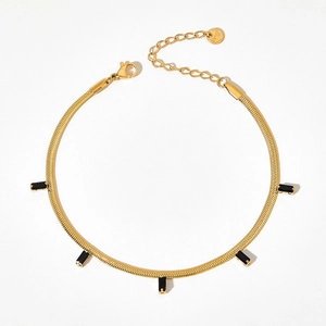 Gold stainless steel snake chain anklet with five black rectangular zircon charms