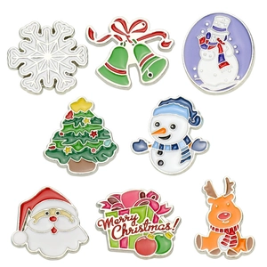 8-piece set of Christmas enamel pins featuring Santa, reindeer, and snowman designs
