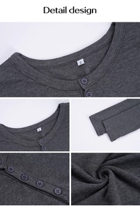 Détails d'un haut Henley gris anthracite avec encolure boutonnée et poignets ajustés
