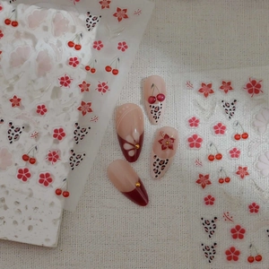 5D red flower and cherry nail art stickers with leopard spots on almond nails