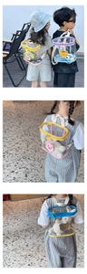 Detail of colorful clear PVC backpack straps and adjustable nylon material for kids