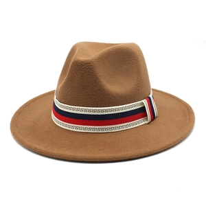 Vintage Wide Brim Woolen Felt Fedora Hat British Retro Jazz Hat With Greek Key Pattern Ribbon For Men Women Everyday