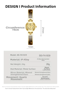 Detailed spec chart of the tortoise shell amber link chain watch with size dimensions