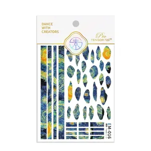 Artistic Van Gogh Starry Night style self-adhesive nail stickers in deep blue and gold