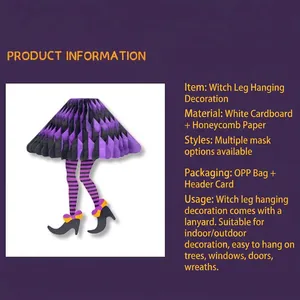 Hanging witch legs decoration with purple honeycomb skirt and striped socks for Halloween