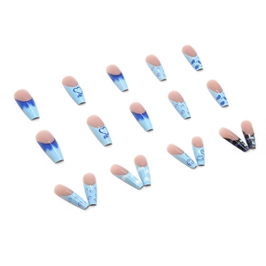 Blue and nude press on nails with hand-painted heart and cloud designs in long ballet shape