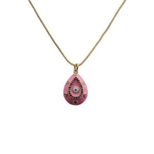 Minimalist gold necklace with pink evil eye waterdrop pendant and zircon accents
