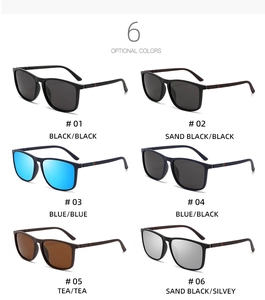 Collection of six classic square polarized sports sunglasses in various frame and lens colors