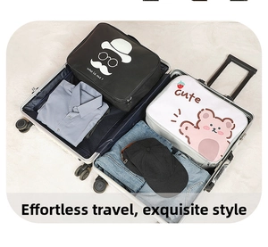Detail of cartoon travel organizers with cute prints inside a silver suitcase