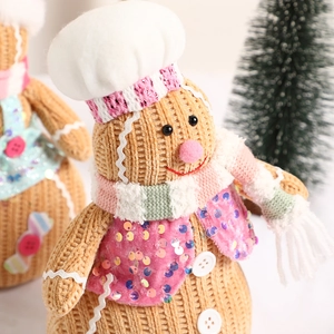 Cute knitted gingerbread man chef plush toy with sequins for Christmas tree decoration