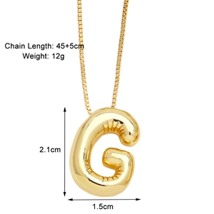Detailed size chart for balloon-style letter G pendant necklace with box chain dimensions