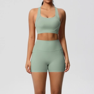 Sage green double-sided brushed yoga set with racerback bra and high-waist shorts