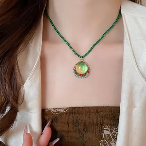 Retro Green Beaded Necklace With Round Glass Pendant Colorful Rhinestones Bohemian Palace Style Jewelry For Women