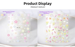 Macro shot of 5D embossed floral nail decals featuring cute rabbit and flower textures