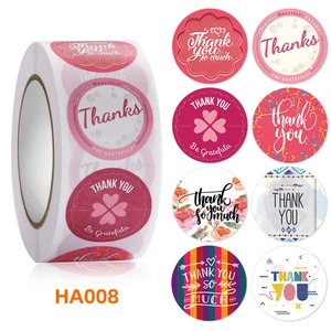 Detail showing eight floral 'Thank You' sticker designs and a bulk roll labeled HA008