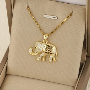 Stainless Steel Elephant Pendant Necklace For Women Gold Plated Hollow Animal Rhinestone Inlaid Box Chain Hip Hop Jewelry