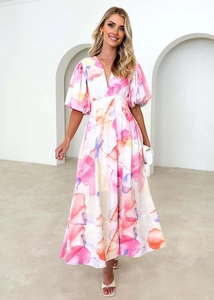 Detail of floral puff sleeve maxi dress with deep V-neck and watercolor print patterns