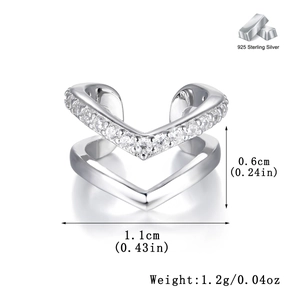 Detailed view of S925 sterling silver V-shape ear cuff with zircon showing 1.1cm length