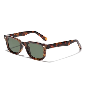 Retro square tortoiseshell sunglasses with dark green lenses and metal rivets