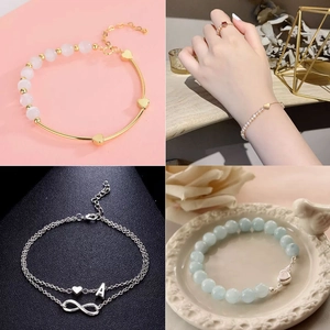 Four styles of heart-shaped bracelets featuring gold beads and pearl pendants charm