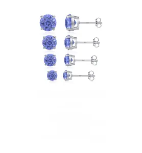 Detailed view of four S925 sterling silver tanzanite-colored stud earrings in various sizes