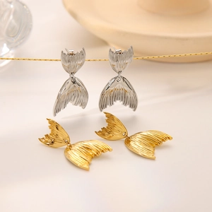 Fish Tail Dangle Earrings Stainless Steel 18K Gold Plated Retro Geometric Textured Elegant Minimalist Jewelry For Women