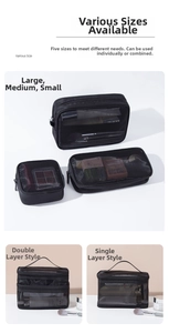 Mesh makeup bag details showing multiple sizes in single and double layer black nylon