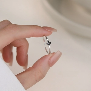 S925 sterling silver adjustable open ring featuring black clover design for women