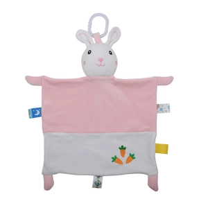 Soft pink and white baby comforter blanket with plush rabbit head and carrot embroidery