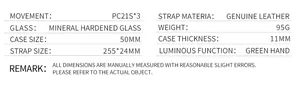 Detailed specs showing mineral glass, 50mm case, and genuine leather strap of the sports watch
