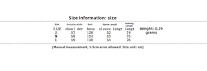 Size chart for quilted cotton coat showing shoulder, bust, and sleeve measurements