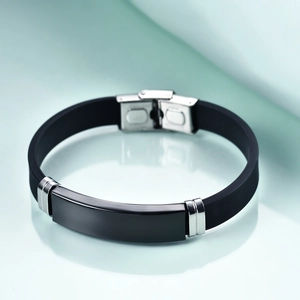 Close-up of 12mm men's silicone leather bracelet with polished stainless steel clasp