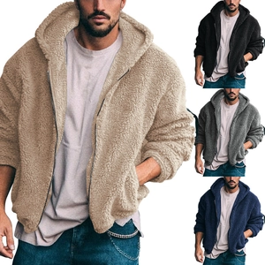 Detailed comparison of men's teddy fleece zip-up hoodies in khaki, black, grey, and navy