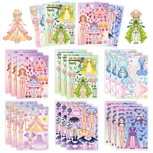 Cartoon princess dress-up sticker set with various colorful anime outfits and accessories