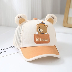 Kids Baseball Cap Breathable Mesh Cotton Sun Hat With Cute Cartoon Bear Ears Pocket For Toddler Boys Girls Summer Outdoor