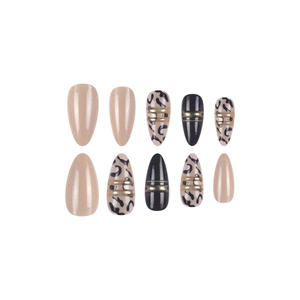 Almond shaped press-on nails featuring leopard print, black and pink with gold stripes