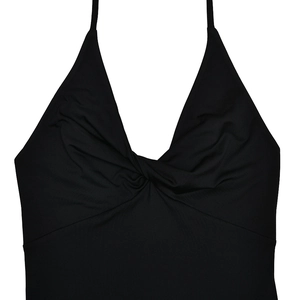 Detail shot of black halter neck dress featuring front twist knot and soft elastic fabric
