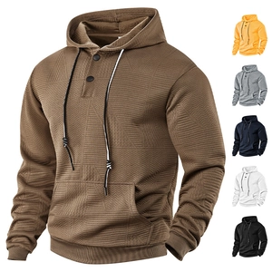 Men Hoodie Long Sleeve Button Up Collar Textured Knit Drawstring Kangaroo Pocket Loose Fit Casual Sweatshirt