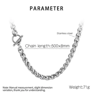 Detailed view of 500x8mm stainless steel curb chain necklace with stylish OT toggle clasp
