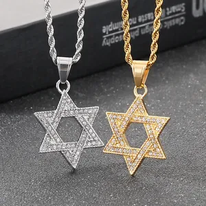 Colliers hip hop étoile hexagramme en acier doré et argenté avec strass brillants