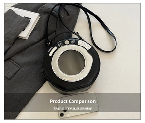 Detailed close-up of a creative washing machine shaped crossbody bag in black leather