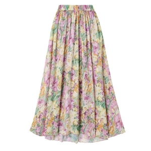 Floral high-waisted maxi skirt with elastic waistband and pleated A-line silhouette