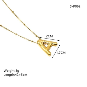 Detail view of gold balloon letter A necklace with size dimensions and weight specifications