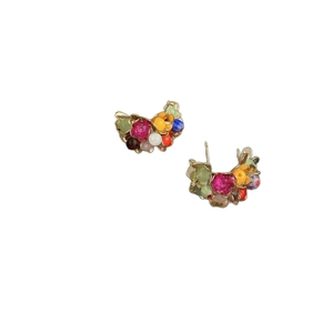 Elegant gold earrings featuring colorful pearls in pink, yellow, blue, and green tones